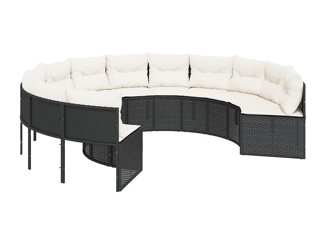 Gartensofa mit Kissen Rund Schwarz Poly-Rattan