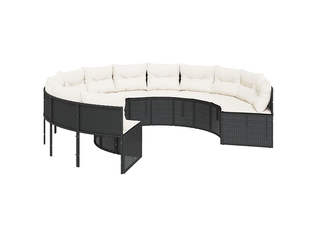 Tuinbank met kussens rond poly rattan zwart