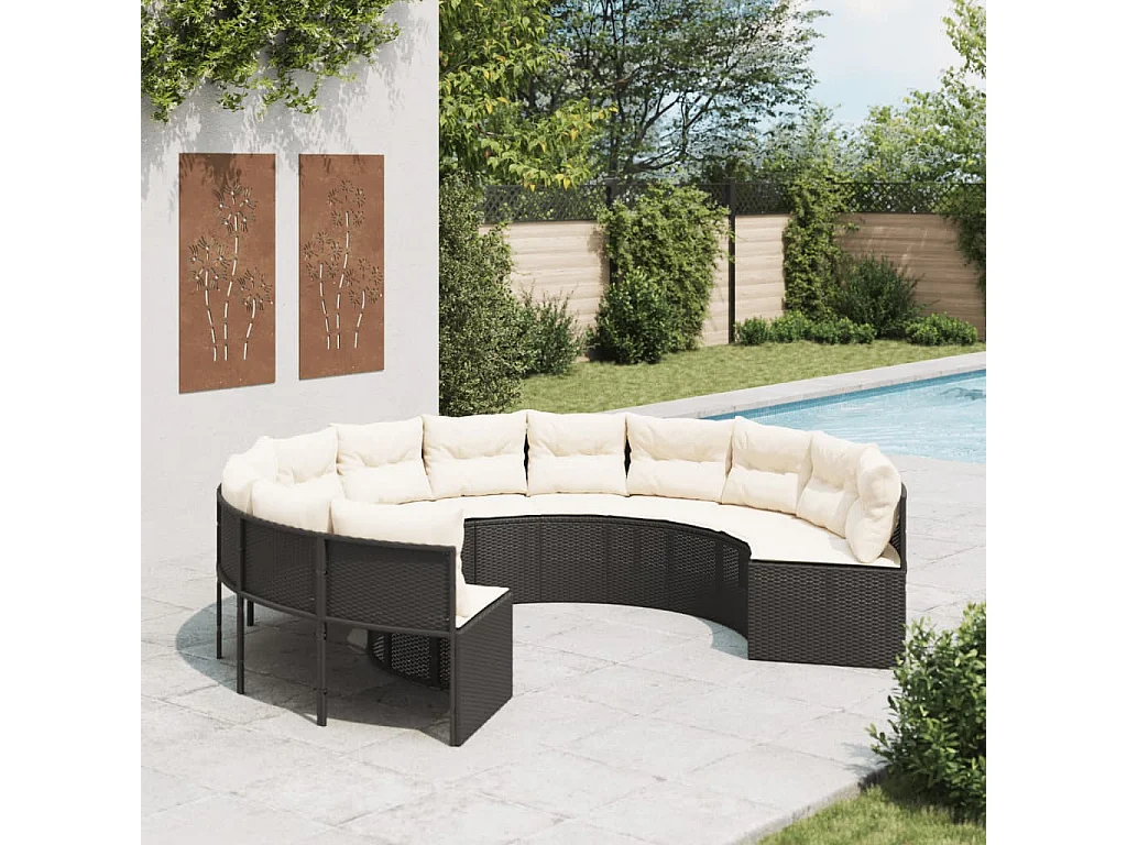 Tuinbank met kussens rond poly rattan zwart