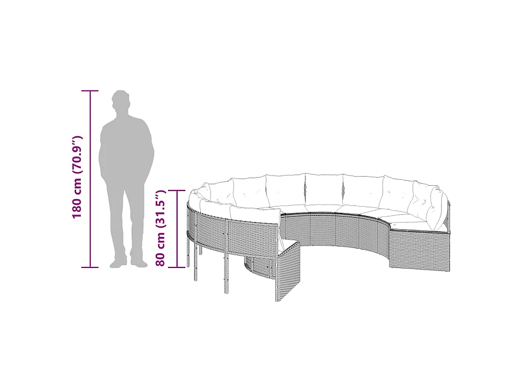Tuinbank met kussens rond poly rattan zwart