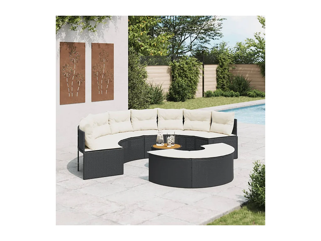 Salon de jardin 3 pcs demi-rond noir résine tressée
