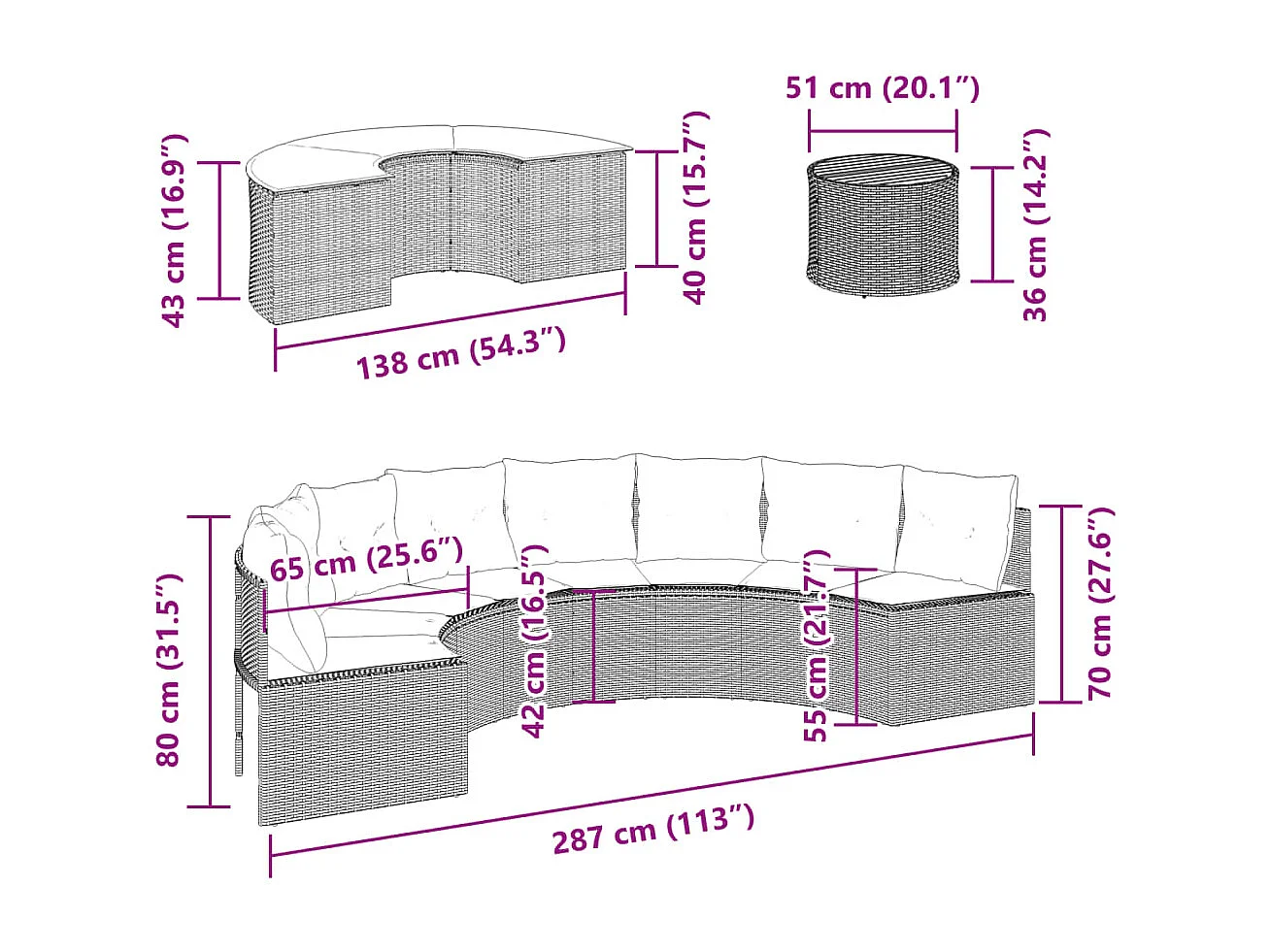 3-tlg. Garten-Sofagarnitur Halbrund Schwarz Poly-Rattan