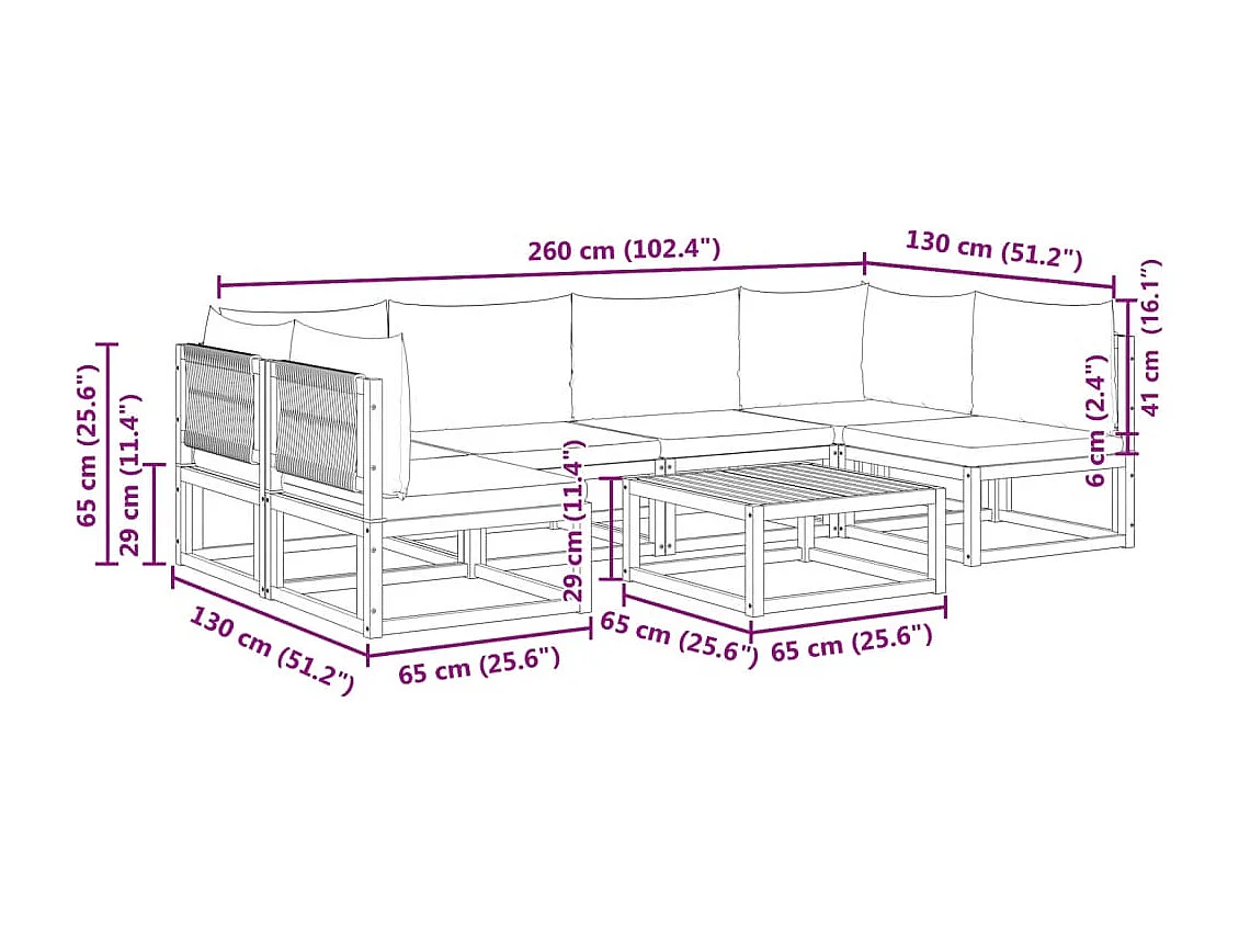 7-delige tuinbankset met kussens acaciahout & touw