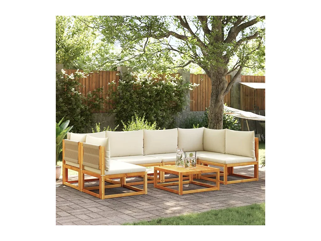 Ensemble de canapés de jardin 7 pièces avec coussins, bois d'acacia et corde,