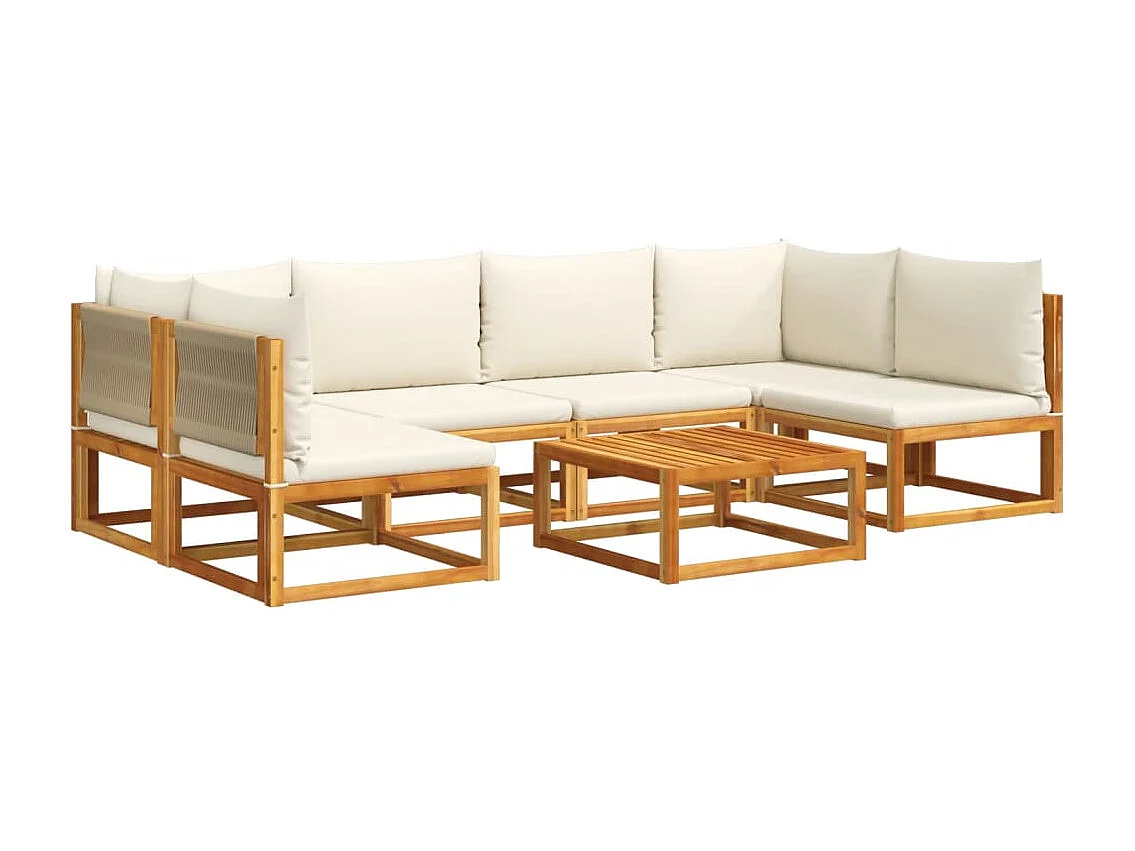 Ensemble de canapés de jardin 7 pièces avec coussins, bois d'acacia et corde,