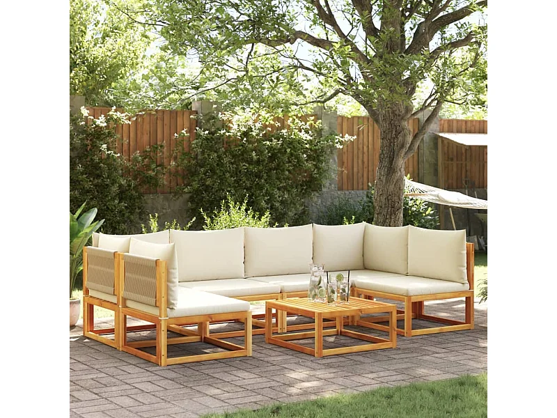 Conjunto de sofá de jardín de 7 piezas con cojines de madera de acacia y cuerda