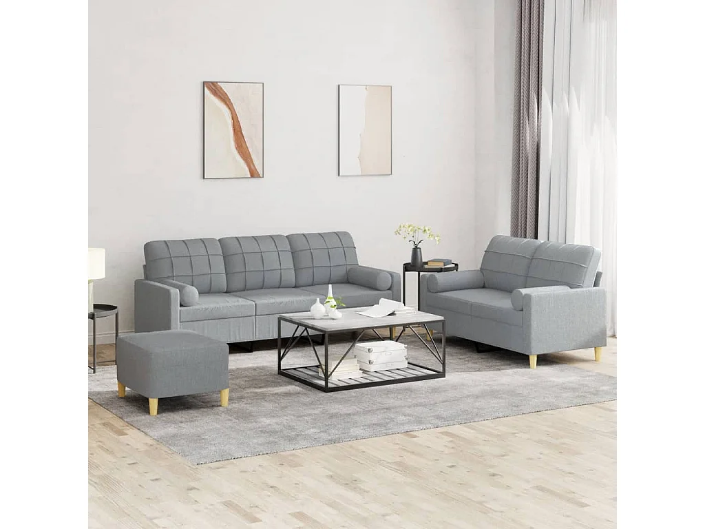 Ensemble de canapés 3 pcs coussins gris clair tissu