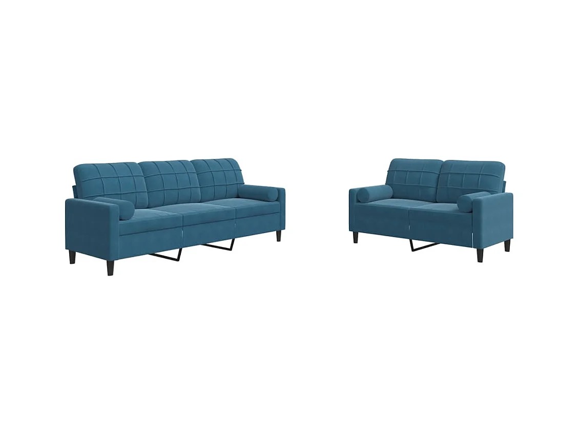 Ensemble de canapés 2pcs et coussins et traversins bleu velours