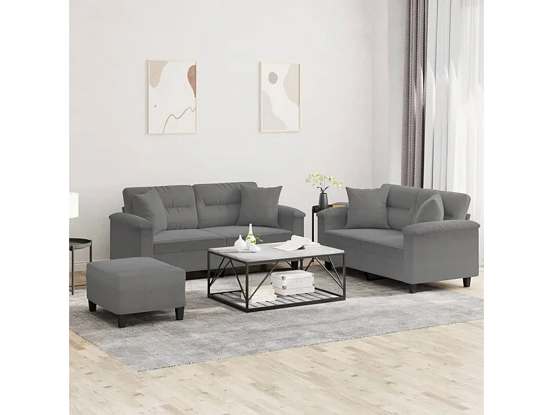 Set Divani 3 pz con Cuscini Grigio Scuro in Tessuto Microfibra