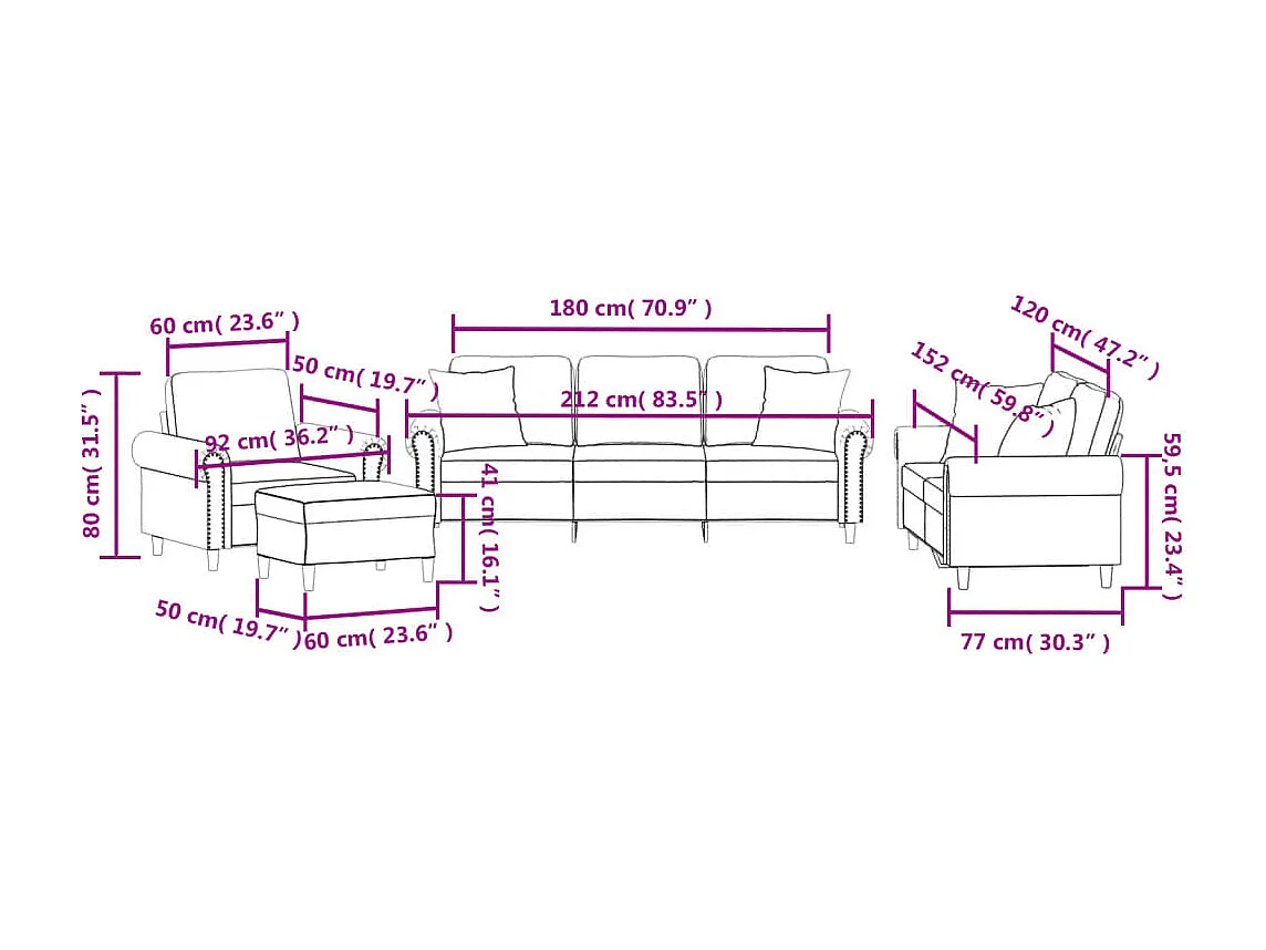 Ensemble de canapés 4 pcs avec coussins rouge bordeaux velours