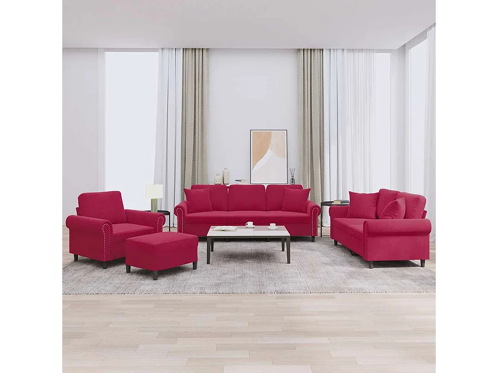 Ensemble de canapés 4 pcs avec coussins rouge bordeaux velours