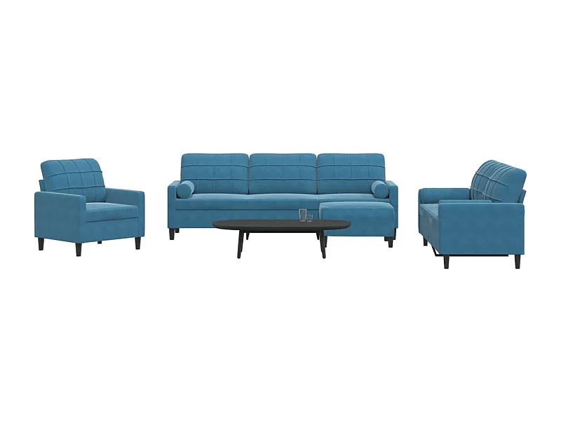 4 pcs conjunto de sofás com almofadões e rolos veludo azul