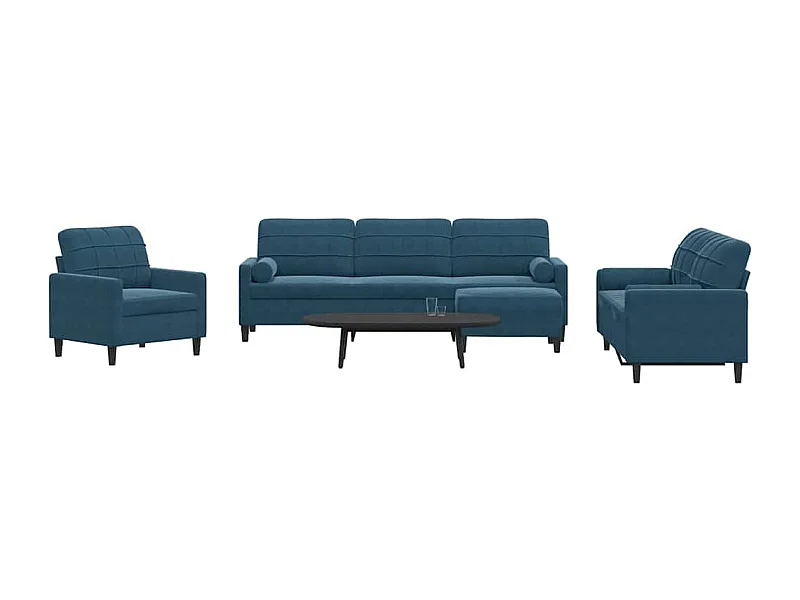 4-tlg. Sofagarnitur mit Kissen und Nackenrollen Blau Samt
