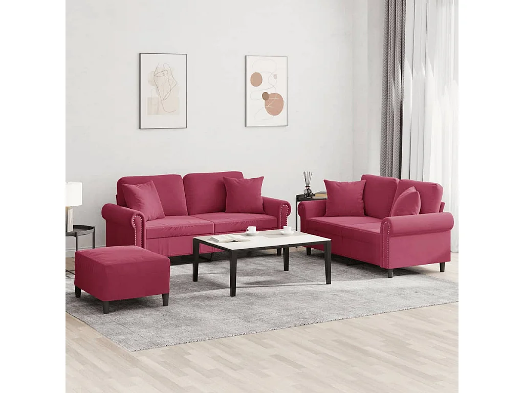 Juego de sofás con cojines 3 piezas terciopelo rojo tinto