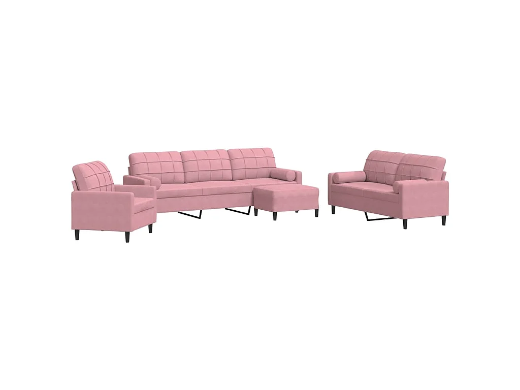 4 pcs conjunto de sofás com almofadões e rolos veludo rosa