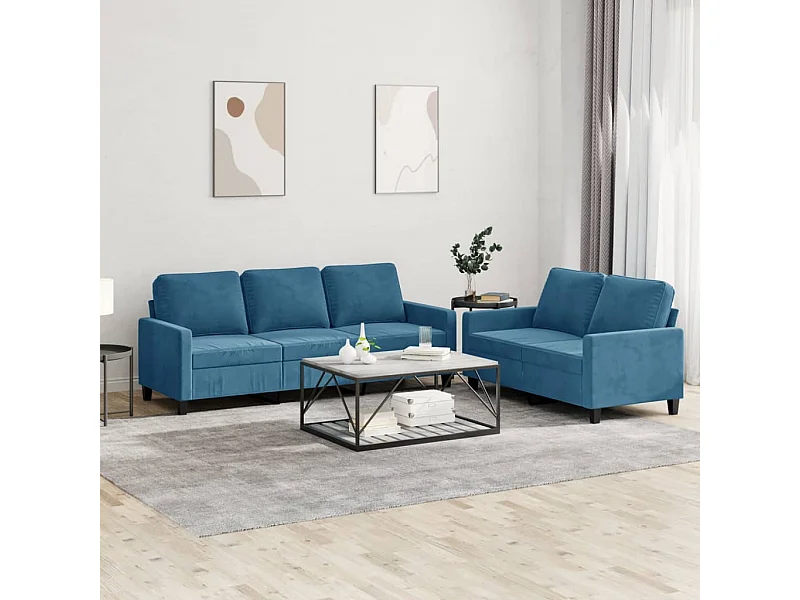 2 pcs conjunto de sofás com almofadões veludo azul