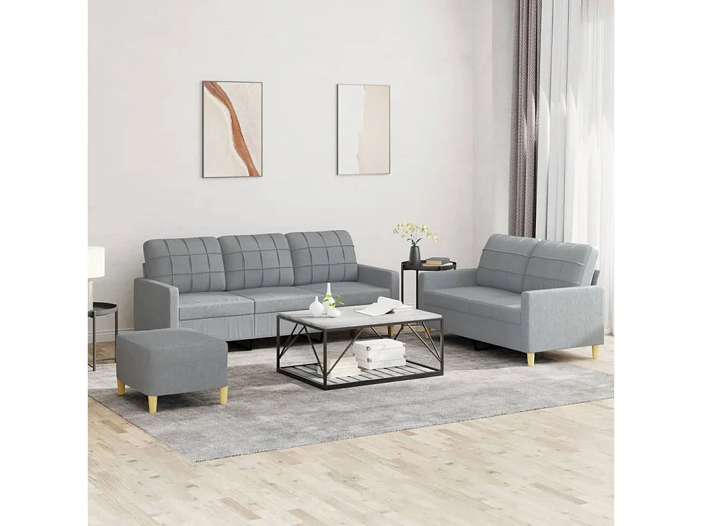 3 pcs conjunto de sofás com almofadões tecido cinzento-claro