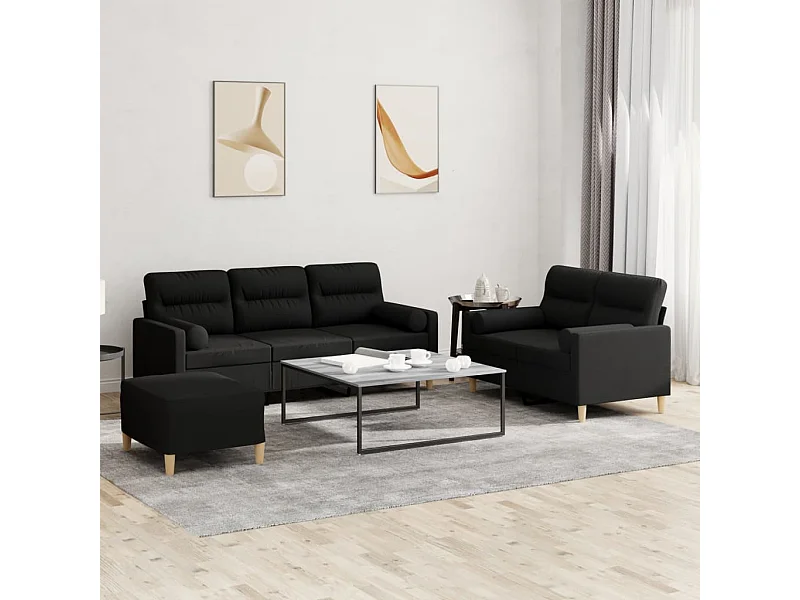 Set Divani 3 pz con Cuscini Nero in Tessuto