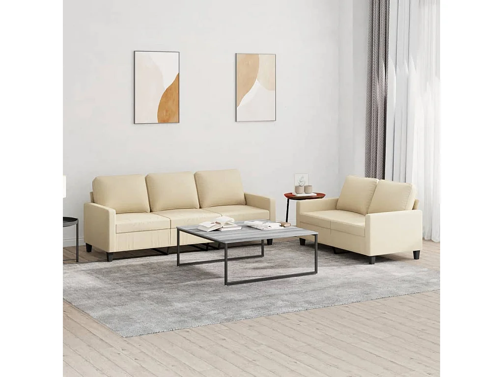 Set di Divani 2 pz con Cuscini Crema in Tessuto