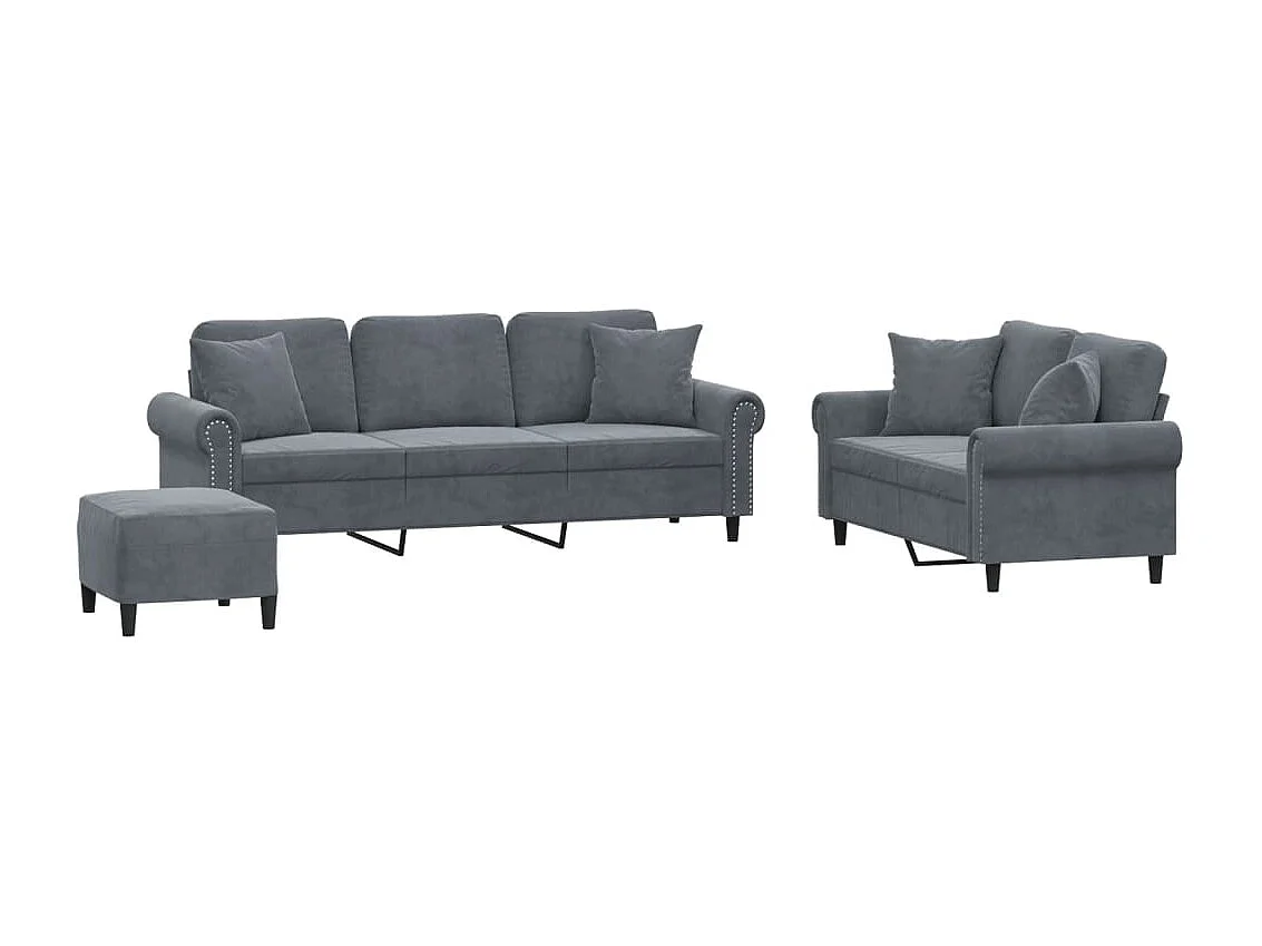 Set di Divani 3 pz con Cuscini Grigio Scuro in Velluto