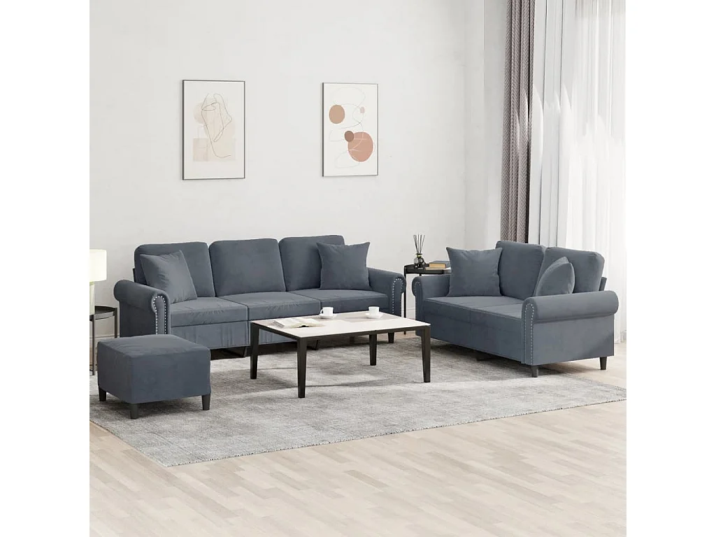 Set di Divani 3 pz con Cuscini Grigio Scuro in Velluto