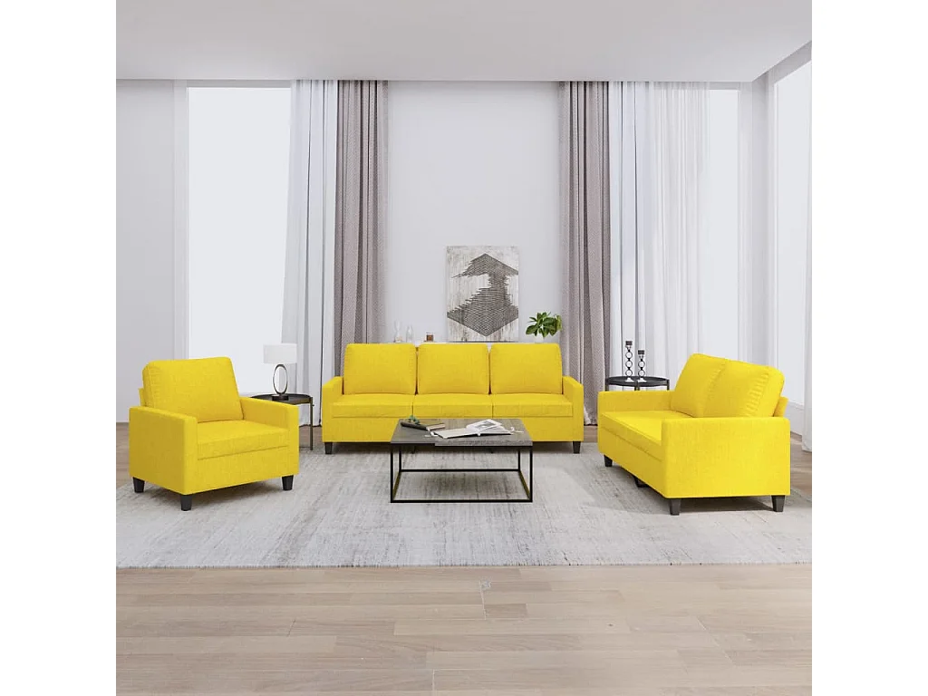 3 pcs conjunto de sofás com almofadões tecido amarelo-claro