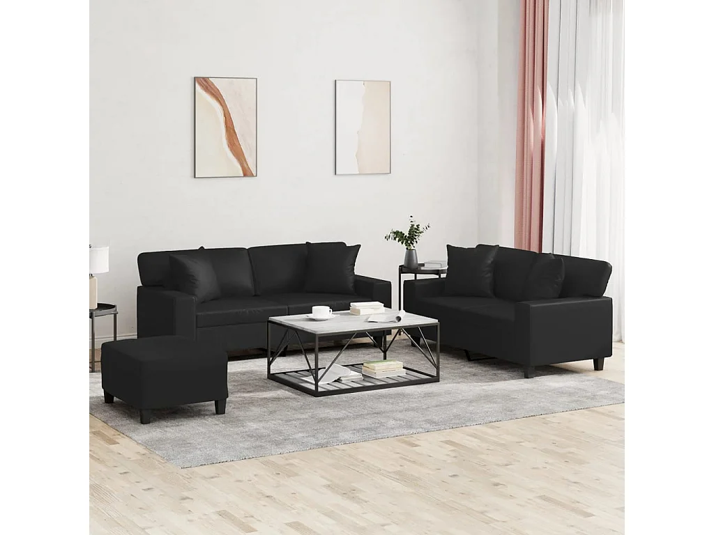 3-delige Loungeset met kussens kunstleer zwart