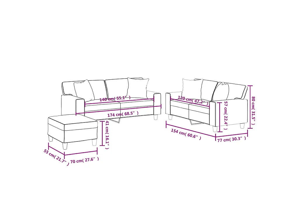 3-delige Loungeset met kussens kunstleer zwart