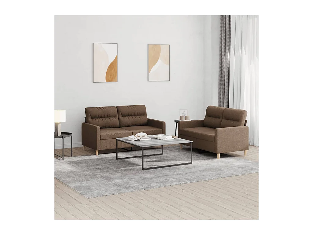 Set di Divani 2 pz con Cuscini Marrone in Tessuto