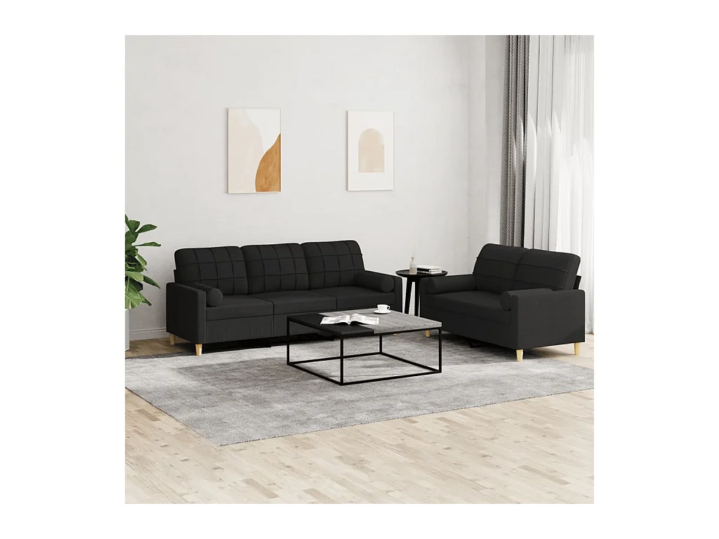 Ensemble de canapés 2 pcs avec coussins noir tissu