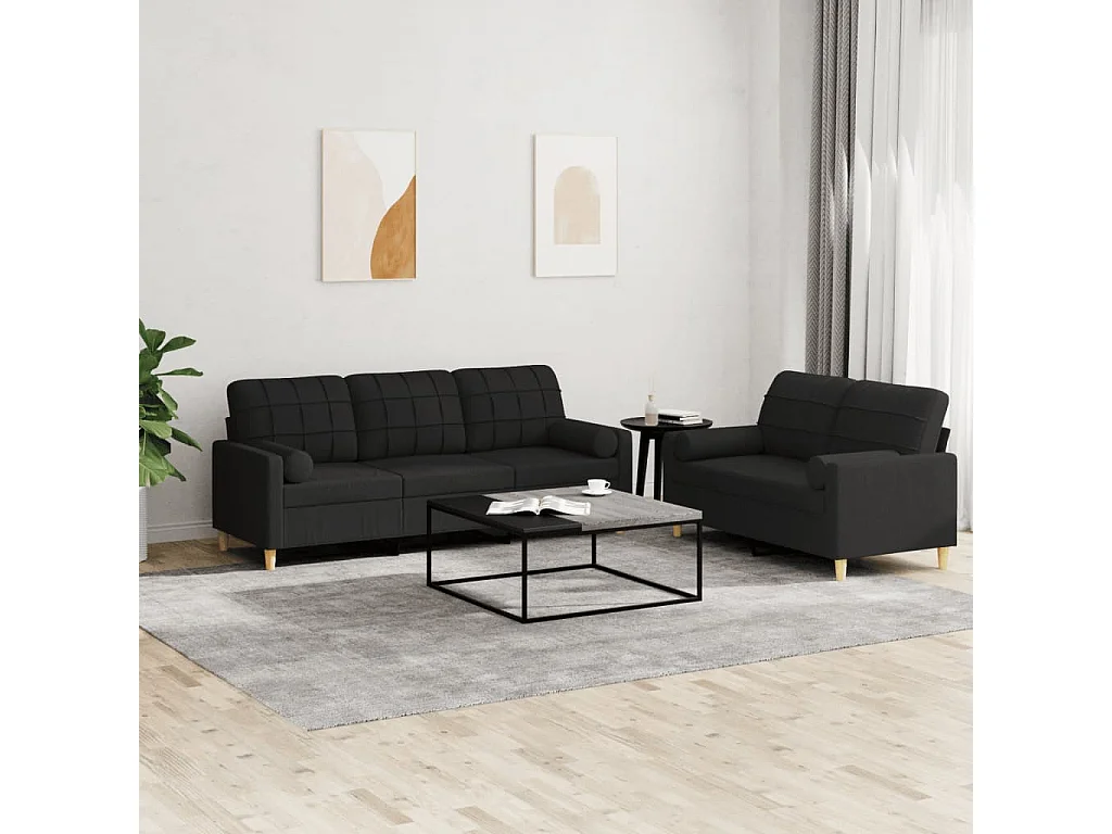 Ensemble de canapés 2 pcs avec coussins noir tissu