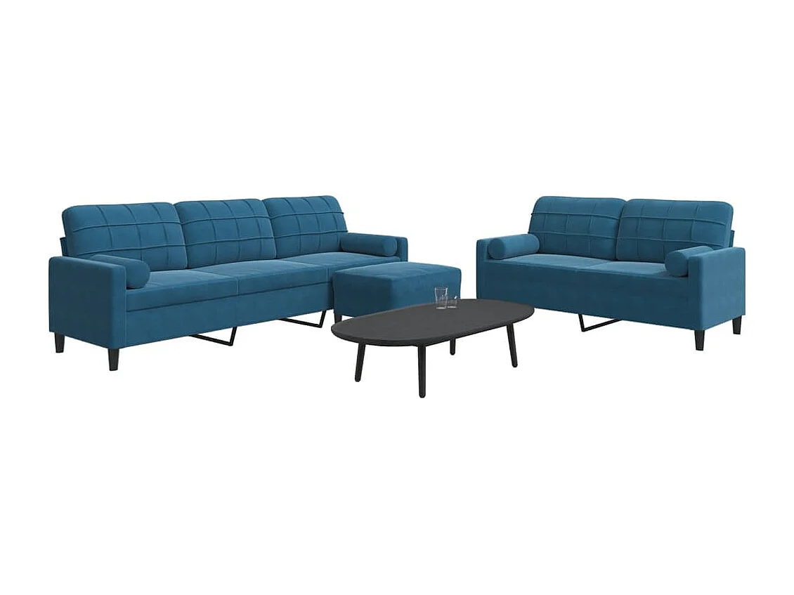 Set di Divani 3 pz con Cuscini e Rinforzi Blu in Velluto