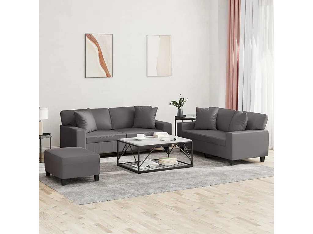3-delige Loungeset met kussens kunstleer grijs