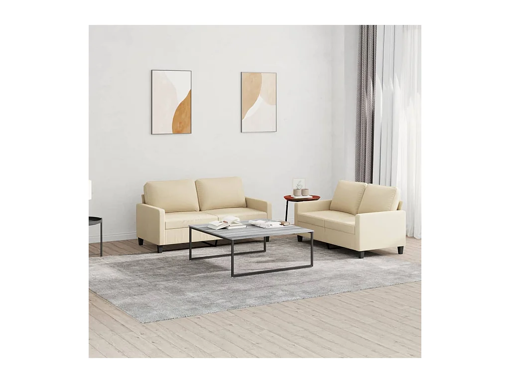 2-tlg. Sofagarnitur mit Kissen Creme Stoff