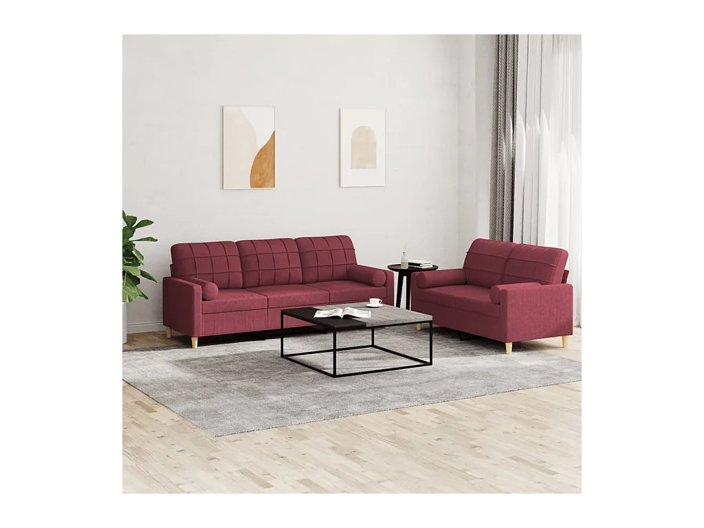 Set di Divani 2 pz con Cuscini Rosso Vino in Tessuto