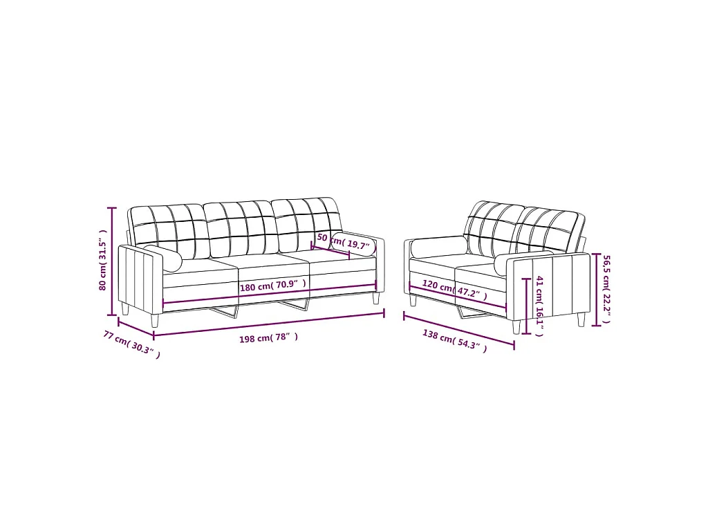 Ensemble de canapés 2 pcs avec coussins rouge bordeaux tissu