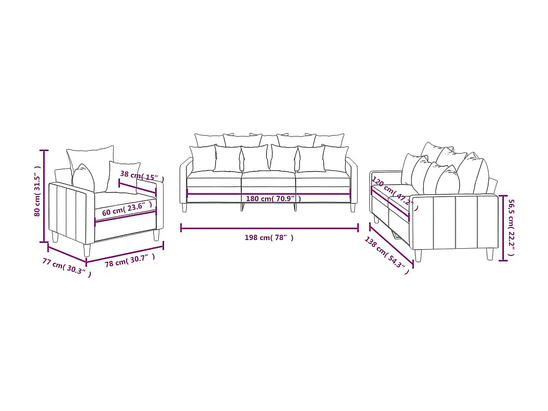 3-delige Loungeset met kussens fluweel lichtgrijs