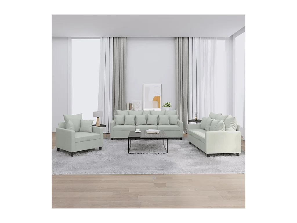 Set di Divani 3 pz con Cuscini Grigio Chiaro in Velluto