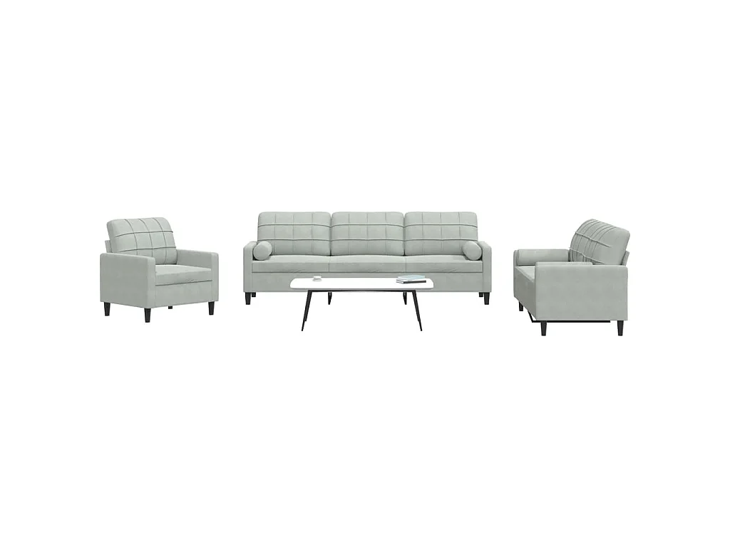 3 pcs conjunto sofás com almofadões e rolos veludo cinza-claro