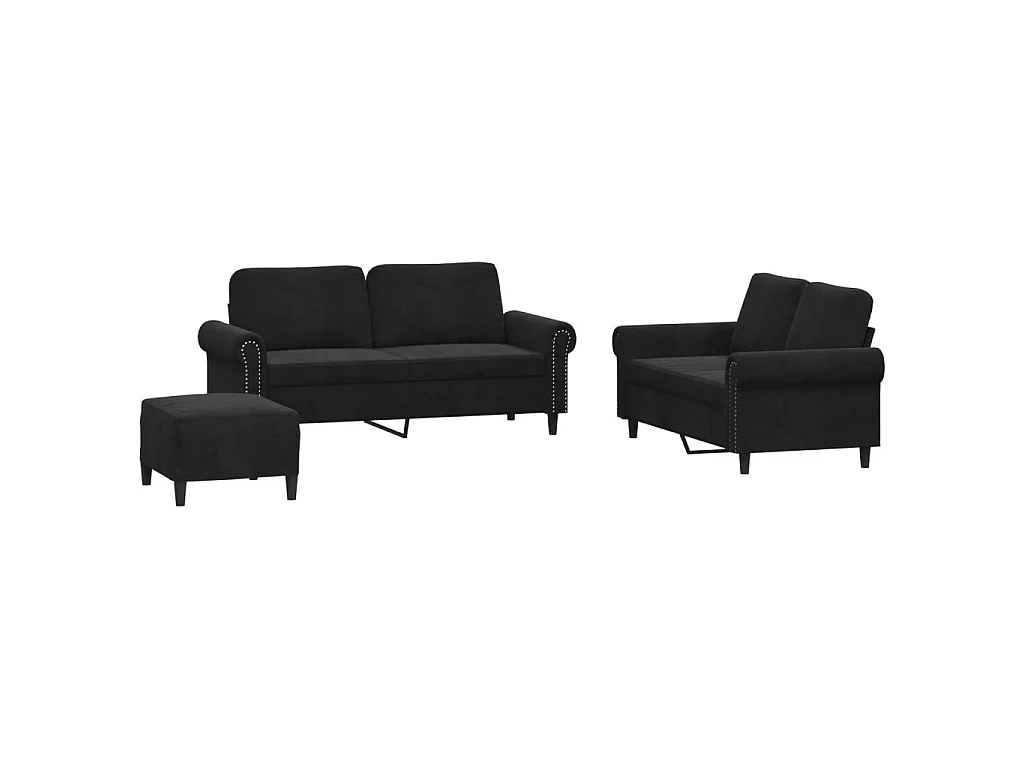 3-tlg. Sofagarnitur mit Kissen Schwarz Samt