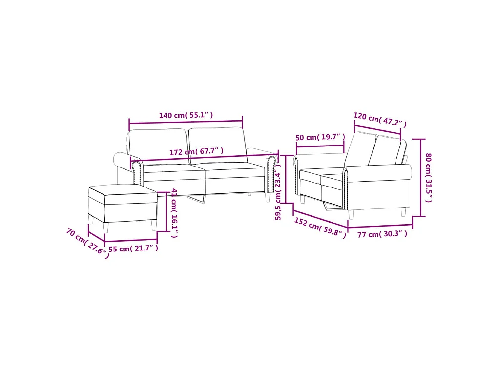 3-tlg. Sofagarnitur mit Kissen Schwarz Samt