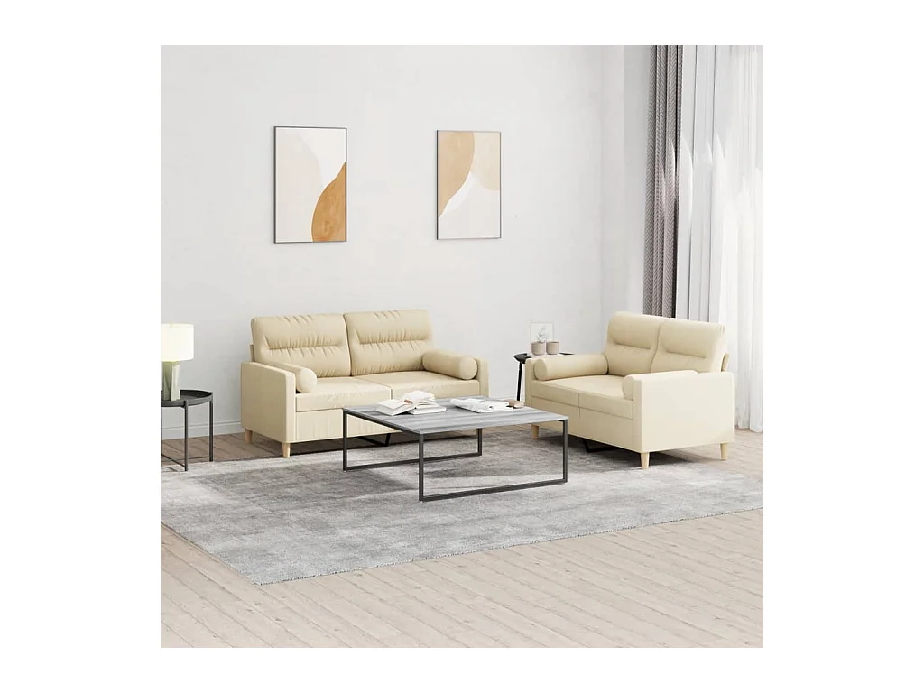 2-tlg. Sofagarnitur mit Kissen Creme Stoff