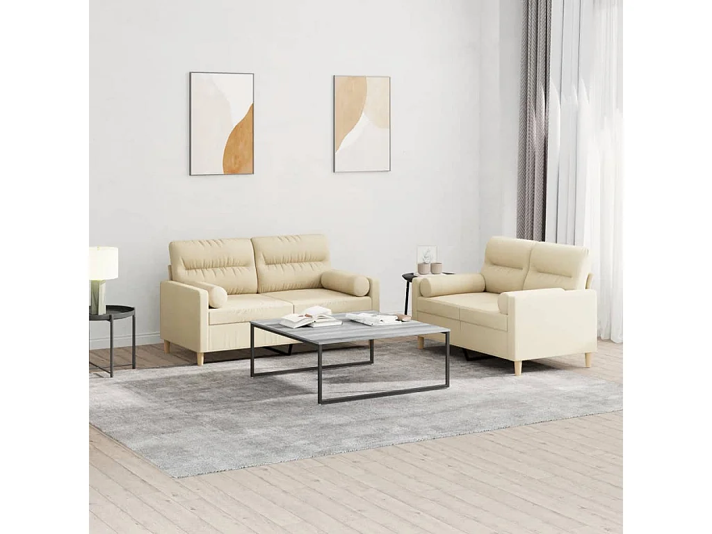 Ensemble de canapés 2 pcs avec coussins crème tissu