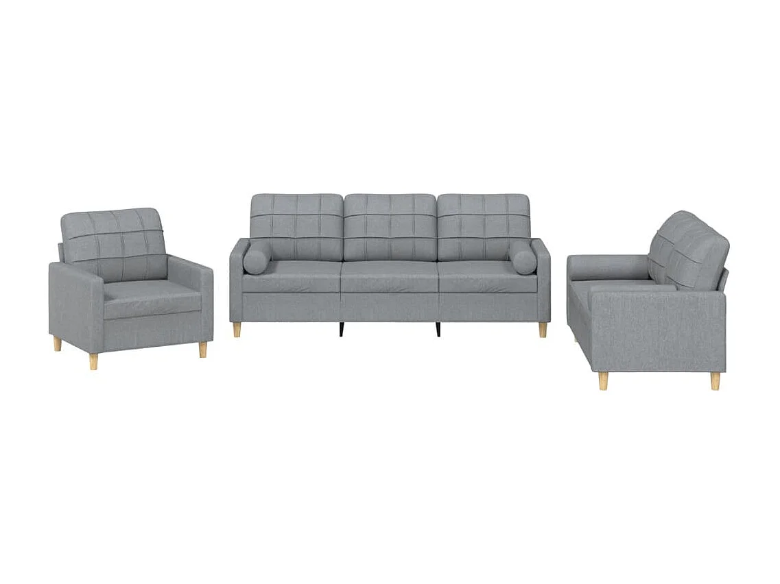 Set Divani 3 pz con Cuscini Grigio Chiaro in Tessuto