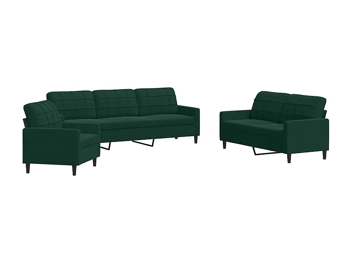 3-tlg. Sofagarnitur mit Kissen Dunkelgrün Samt
