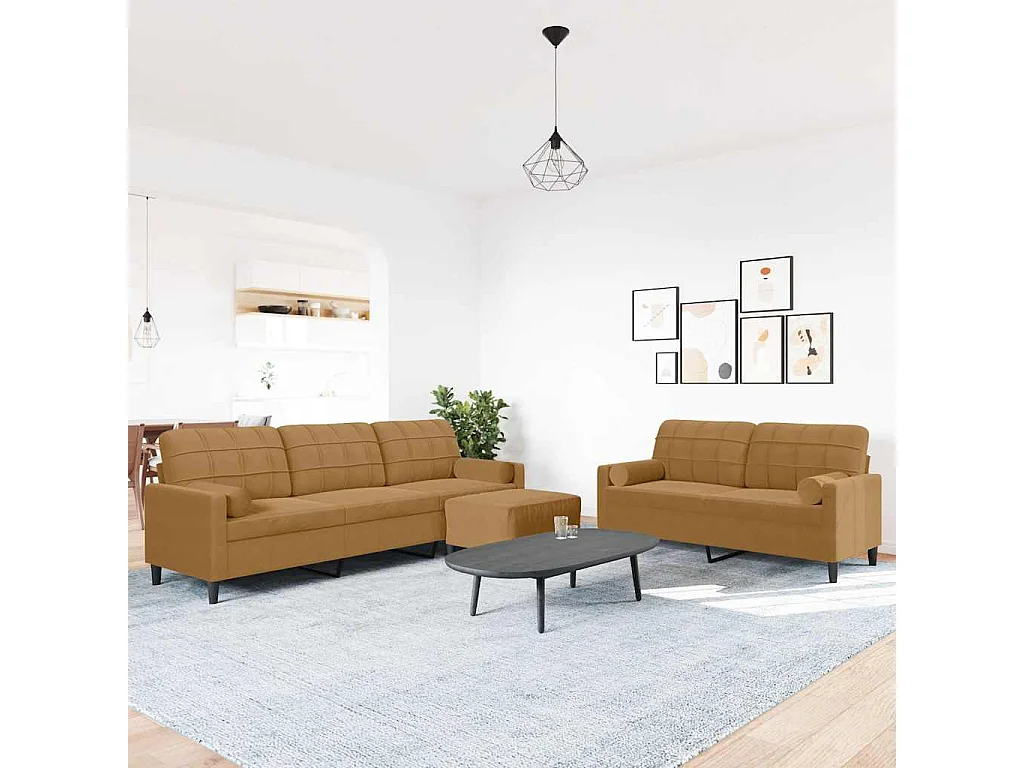 3 pcs conjunto de sofás com almofadões e rolos veludo castanho