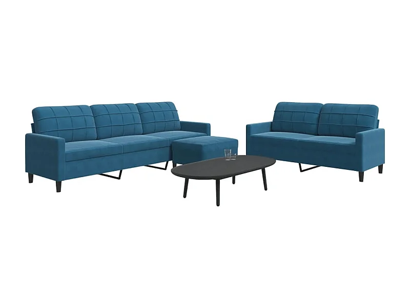 3-tlg. Sofagarnitur mit Kissen Blau Samt