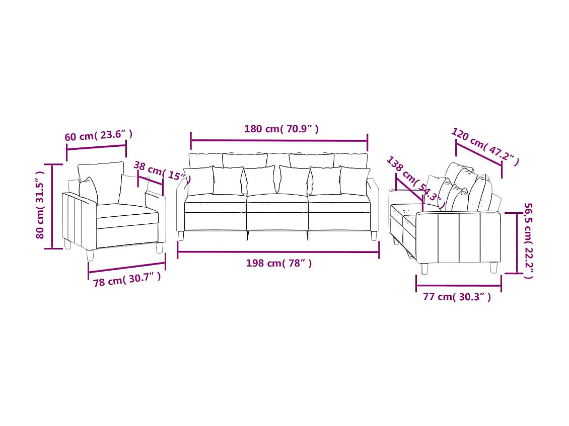 3-delige Loungeset met kussens stof lichtgrijs