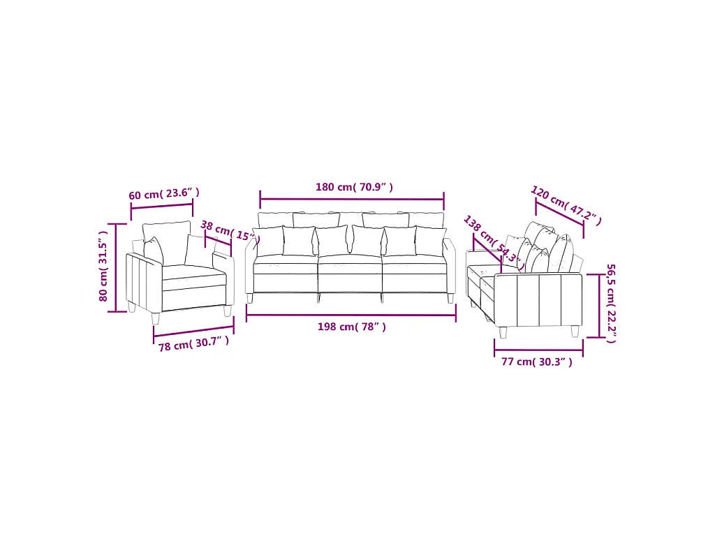 Set Divani 3 pz con Cuscini Grigio Chiaro in Tessuto