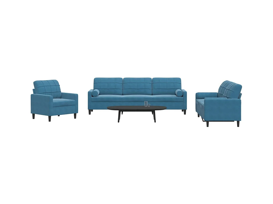 Ensemble de canapés 3pcs et coussins et traversins bleu velours